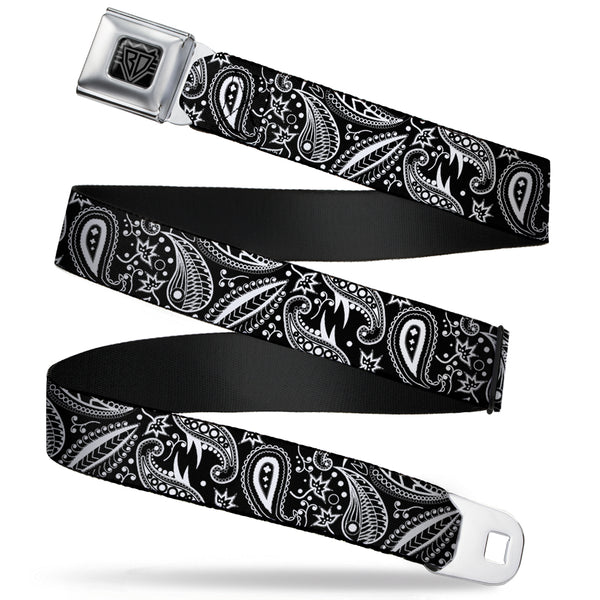 buckle down BD Wings Logo CLOSE-UP Full Color Black Silver Seatbelt Belt - Floral Paisley3 Black/White Webbing