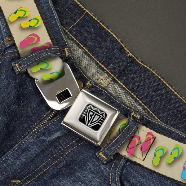Buckle Down BD Wings Logo CLOSE-UP Full Color Black Silver Seatbelt Belt - Flip Flops7 LIFE'S A BEACH Tan/Aqua/White Webbing