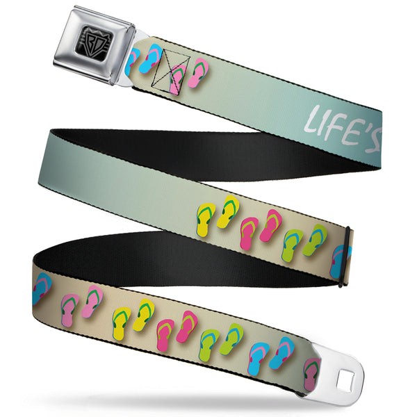 buckle down BD Wings Logo CLOSE-UP Full Color Black Silver Seatbelt Belt - Flip Flops7 LIFE'S A BEACH Tan/Aqua/White Webbing