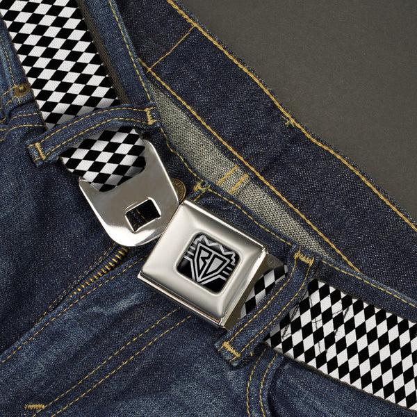 Buckle Down BD Wings Logo CLOSE-UP Full Color Black Silver Seatbelt Belt - Diamonds Stripe White/Black Webbing