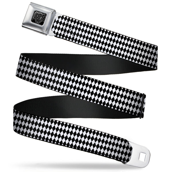 buckle down BD Wings Logo CLOSE-UP Full Color Black Silver Seatbelt Belt - Diamonds Stripe White/Black Webbing