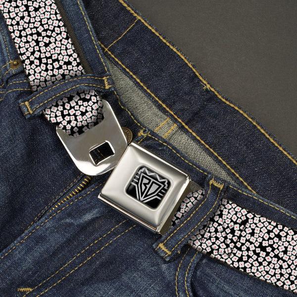 Buckle Down BD Wings Logo CLOSE-UP Full Color Black Silver Seatbelt Belt - Ditsy Floral Black/White/Red Webbing