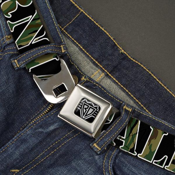 Buckle Down BD Wings Logo CLOSE-UP Full Color Black Silver Seatbelt Belt - CALIFORNIA/Bear Silhouette Black/Camo Olive Webbing