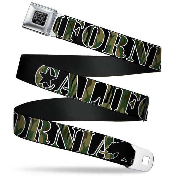 buckle down BD Wings Logo CLOSE-UP Full Color Black Silver Seatbelt Belt - CALIFORNIA/Bear Silhouette Black/Camo Olive Webbing