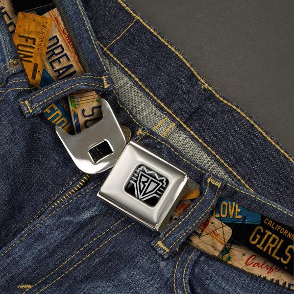 Buckle Down BD Wings Logo CLOSE-UP Full Color Black Silver Seatbelt Belt - Cali License Plates Stacked Vintage Webbing