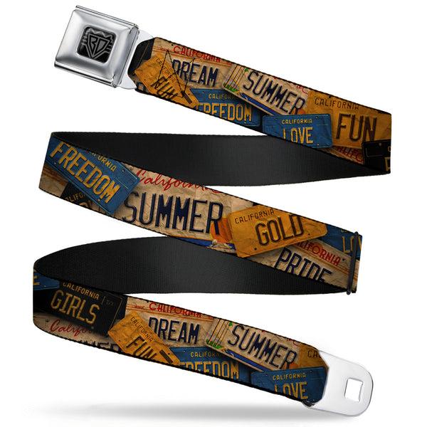 buckle down BD Wings Logo CLOSE-UP Full Color Black Silver Seatbelt Belt - Cali License Plates Stacked Vintage Webbing