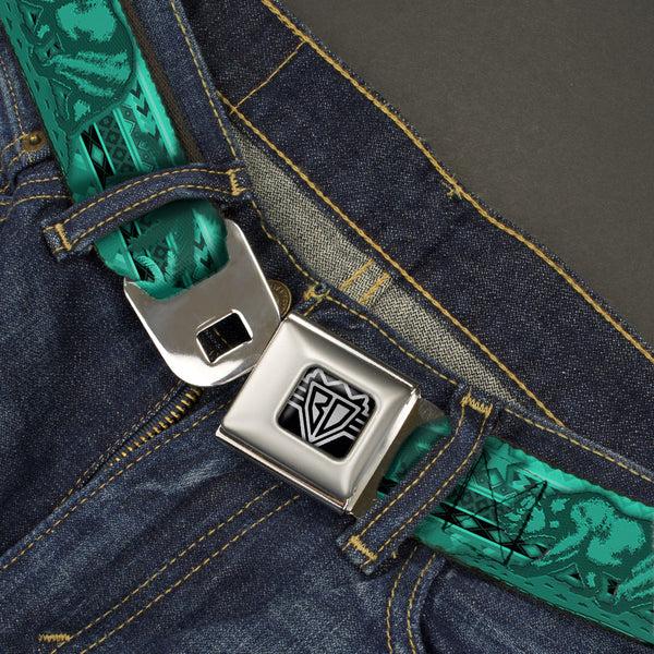 Buckle Down BD Wings Logo CLOSE-UP Full Color Black Silver Seatbelt Belt - Cali Bear/Palm Trees/Geometric Green Webbing