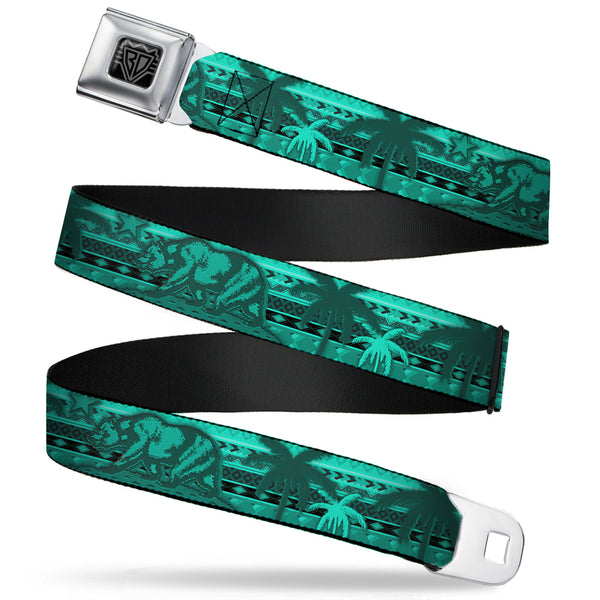 buckle down BD Wings Logo CLOSE-UP Full Color Black Silver Seatbelt Belt - Cali Bear/Palm Trees/Geometric Green Webbing