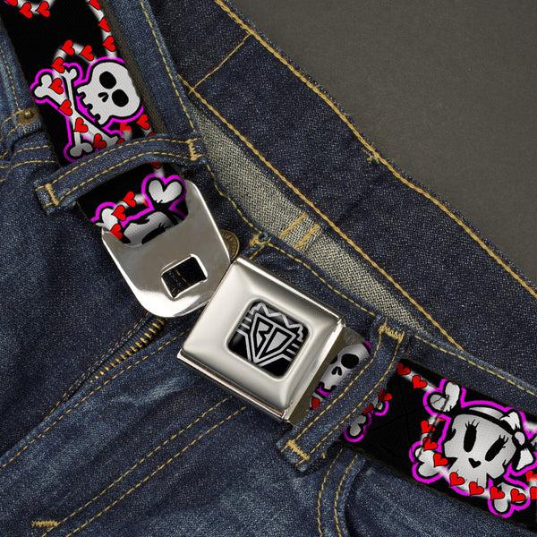 Buckle Down BD Wings Logo CLOSE-UP Full Color Black Silver Seatbelt Belt - Cute Skulls W/Hearts Webbing