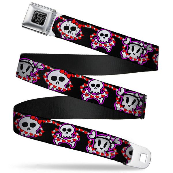 buckle down BD Wings Logo CLOSE-UP Full Color Black Silver Seatbelt Belt - Cute Skulls w/Hearts Webbing