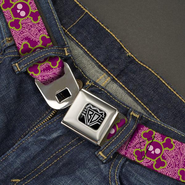 Buckle Down BD Wings Logo CLOSE-UP Full Color Black Silver Seatbelt Belt - Cute Skulls W/Paisley Purple/Pink/Green Webbing
