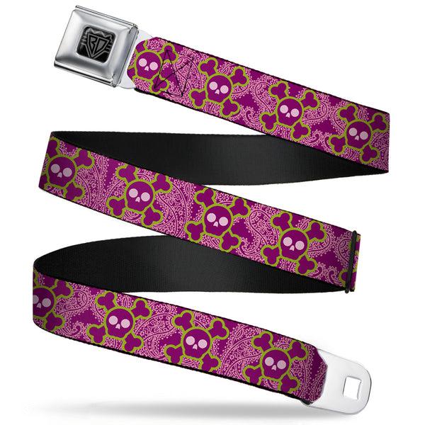 buckle down BD Wings Logo CLOSE-UP Full Color Black Silver Seatbelt Belt - Cute Skulls w/Paisley Purple/Pink/Green Webbing
