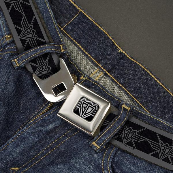 Buckle Down BD Wings Logo CLOSE-UP Full Color Black Silver Seatbelt Belt - BD Monogram2 Black/Gray Webbing