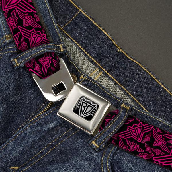 Buckle Down BD Wings Logo CLOSE-UP Full Color Black Silver Seatbelt Belt - BD Logo Scattered Black/Fuchsia Webbing