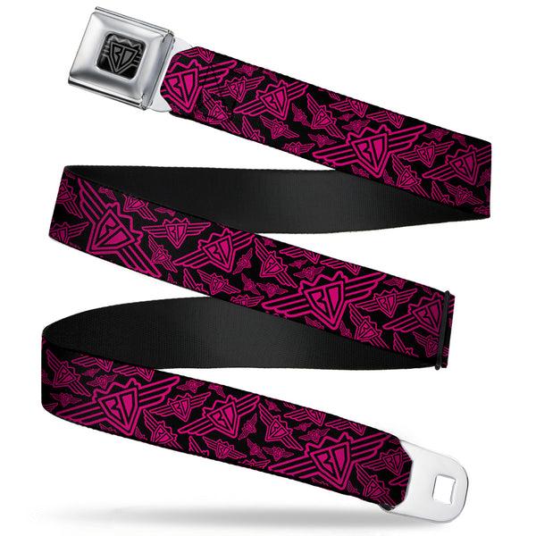buckle down BD Wings Logo CLOSE-UP Full Color Black Silver Seatbelt Belt - BD Logo Scattered Black/Fuchsia Webbing