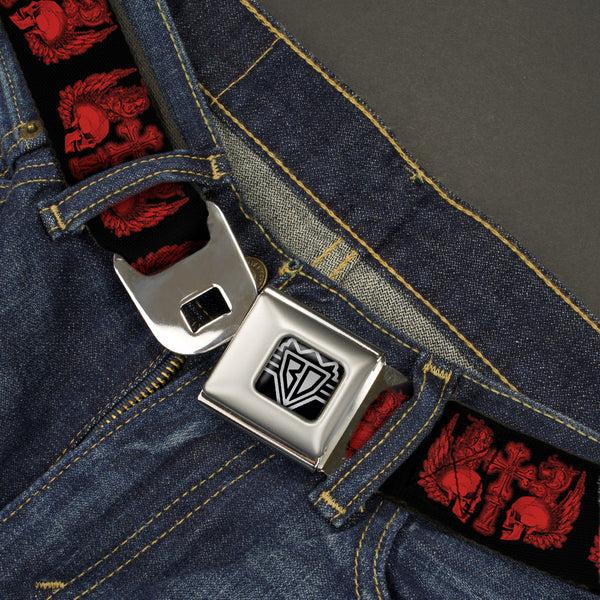 Buckle Down BD Wings Logo CLOSE-UP Full Color Black Silver Seatbelt Belt - BD Skulls W/Wings Black/Red Webbing