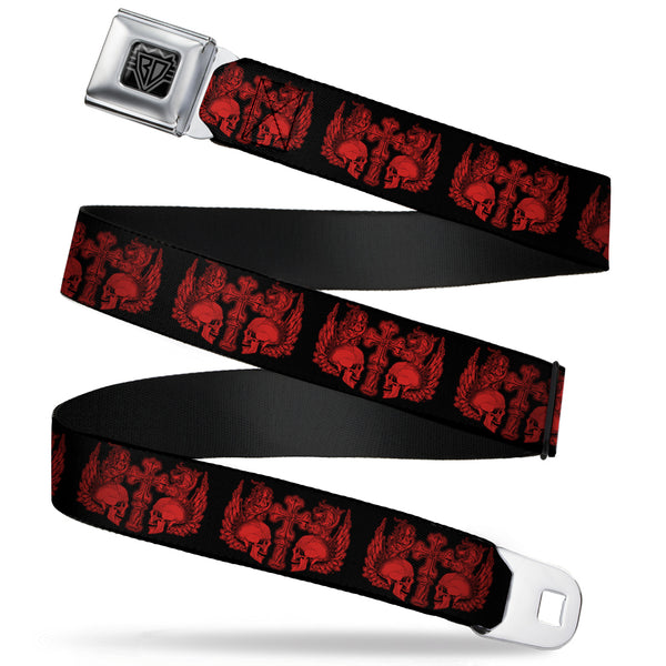 buckle down BD Wings Logo CLOSE-UP Full Color Black Silver Seatbelt Belt - BD Skulls w/Wings Black/Red Webbing