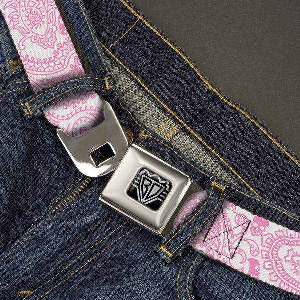 Buckle Down BD Wings Logo CLOSE-UP Full Color Black Silver Seatbelt Belt - Bandana/Skulls White/Pink Webbing