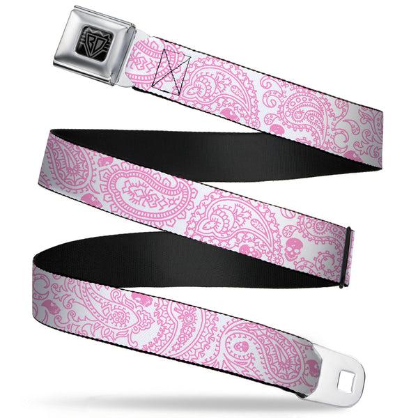 buckle down BD Wings Logo CLOSE-UP Full Color Black Silver Seatbelt Belt - Bandana/Skulls White/Pink Webbing