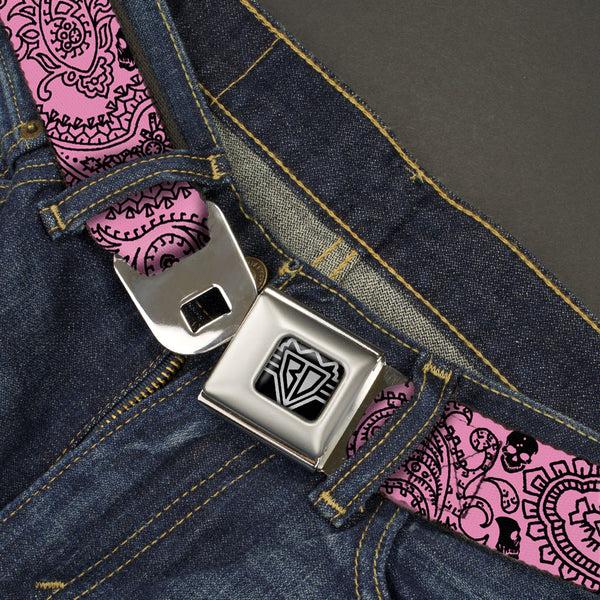 Buckle Down BD Wings Logo CLOSE-UP Full Color Black Silver Seatbelt Belt - Bandana/Skulls Pink/Black Webbing