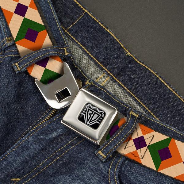 Buckle Down BD Wings Logo CLOSE-UP Full Color Black Silver Seatbelt Belt - Aztec16 Oranges/Green/Purple Webbing