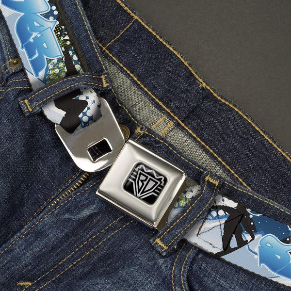 Buckle Down BD Wings Logo CLOSE-UP Full Color Black Silver Seatbelt Belt - Action Snowboard Pose Silhouettes/Tag/Mountains Blues/White/Black Webbing