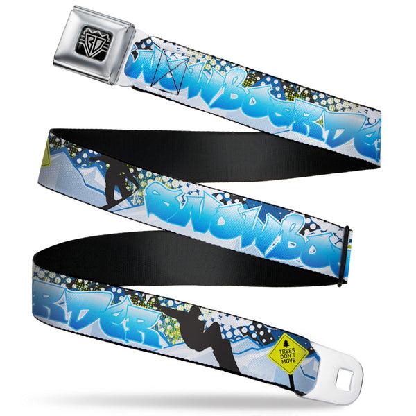 buckle down BD Wings Logo CLOSE-UP Full Color Black Silver Seatbelt Belt - Action Snowboard Pose Silhouettes/Tag/Mountains Blues/White/Black Webbing