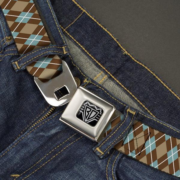 Buckle Down BD Wings Logo CLOSE-UP Full Color Black Silver Seatbelt Belt - Argyle Tan/Brown/Blue/White Webbing