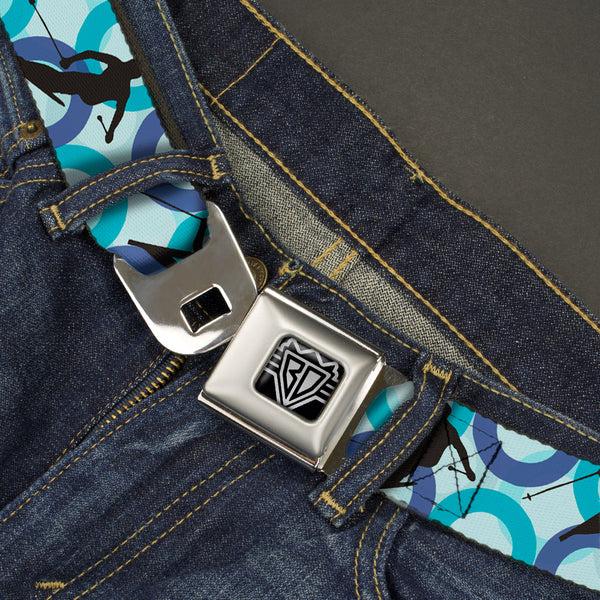 Buckle Down BD Wings Logo CLOSE-UP Full Color Black Silver Seatbelt Belt - Action Ski Pose Silhouettes/Rings Blues/Black Webbing