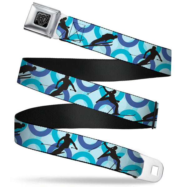 buckle down BD Wings Logo CLOSE-UP Full Color Black Silver Seatbelt Belt - Action Ski Pose Silhouettes/Rings Blues/Black Webbing
