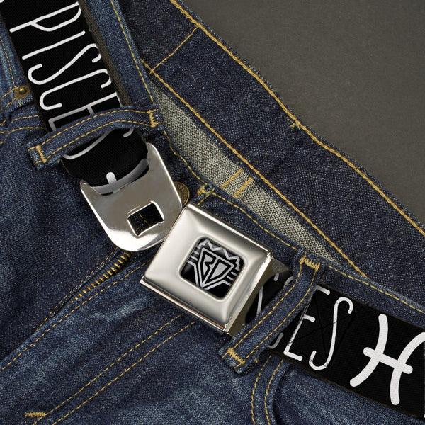 Buckle Down BD Wings Logo CLOSE-UP Full Color Black Silver Seatbelt Belt - Zodiac PISCES/Symbol Black/White Webbing