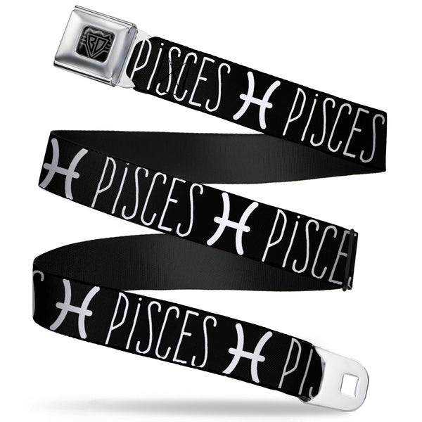 buckle down BD Wings Logo CLOSE-UP Full Color Black Silver Seatbelt Belt - Zodiac PISCES/Symbol Black/White Webbing