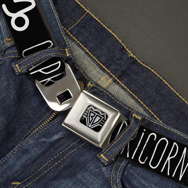 Buckle Down BD Wings Logo CLOSE-UP Full Color Black Silver Seatbelt Belt - Zodiac CAPRICORN/Symbol Black/White Webbing