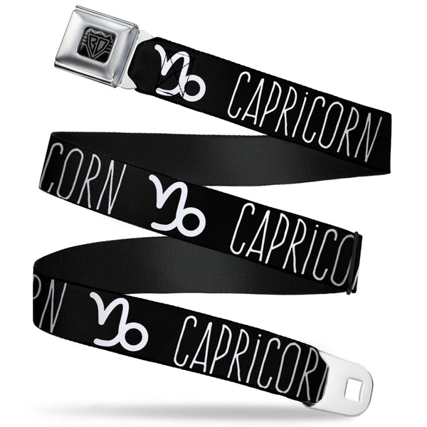 buckle down BD Wings Logo CLOSE-UP Full Color Black Silver Seatbelt Belt - Zodiac CAPRICORN/Symbol Black/White Webbing