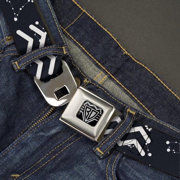 Buckle Down BD Wings Logo CLOSE-UP Full Color Black Silver Seatbelt Belt - Zodiac Aquarius Symbol/Constellations Black/White Webbing