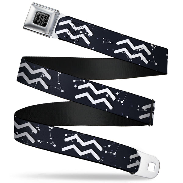 buckle down BD Wings Logo CLOSE-UP Full Color Black Silver Seatbelt Belt - Zodiac Aquarius Symbol/Constellations Black/White Webbing