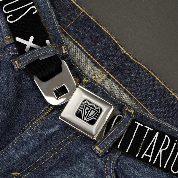 Buckle Down BD Wings Logo CLOSE-UP Full Color Black Silver Seatbelt Belt - Zodiac SAGITTARIUS/Symbol Black/White Webbing