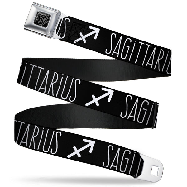 buckle down BD Wings Logo CLOSE-UP Full Color Black Silver Seatbelt Belt - Zodiac SAGITTARIUS/Symbol Black/White Webbing