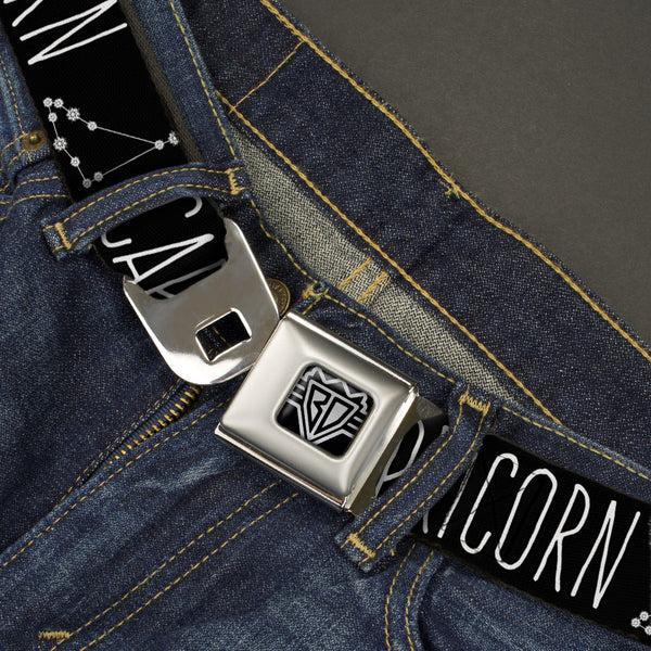 Buckle Down BD Wings Logo CLOSE-UP Full Color Black Silver Seatbelt Belt - Zodiac CAPRICORN/Constellation Black/White Webbing