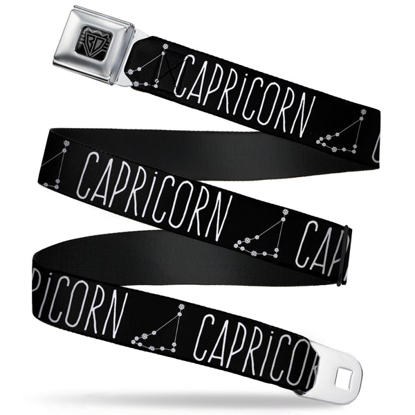 buckle down BD Wings Logo CLOSE-UP Full Color Black Silver Seatbelt Belt - Zodiac CAPRICORN/Constellation Black/White Webbing