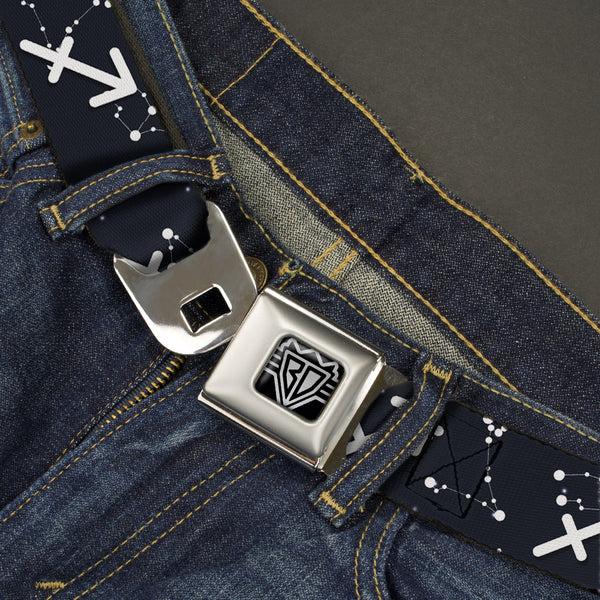 Buckle Down BD Wings Logo CLOSE-UP Full Color Black Silver Seatbelt Belt - Zodiac Sagittarius Symbol/Constellations Black/White Webbing