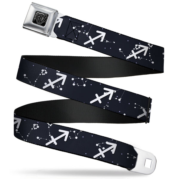 buckle down BD Wings Logo CLOSE-UP Full Color Black Silver Seatbelt Belt - Zodiac Sagittarius Symbol/Constellations Black/White Webbing