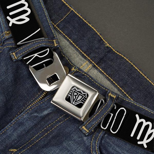 Buckle Down BD Wings Logo CLOSE-UP Full Color Black Silver Seatbelt Belt - Zodiac VIRGO/Symbol Black/White Webbing