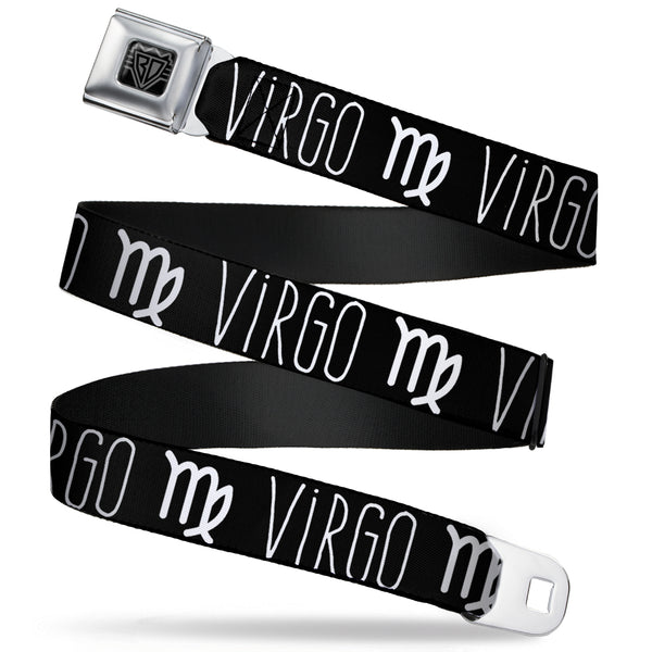 buckle down BD Wings Logo CLOSE-UP Full Color Black Silver Seatbelt Belt - Zodiac VIRGO/Symbol Black/White Webbing