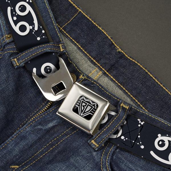 Buckle Down BD Wings Logo CLOSE-UP Full Color Black Silver Seatbelt Belt - Zodiac Cancer Symbol/Constellations Black/White Webbing