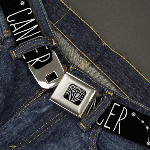 Buckle Down BD Wings Logo CLOSE-UP Full Color Black Silver Seatbelt Belt - Zodiac CANCER/Constellation Black/White Webbing
