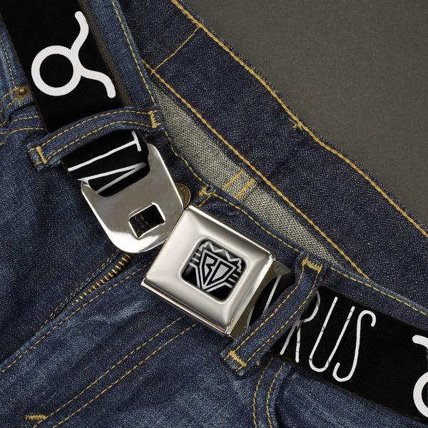 Buckle Down BD Wings Logo CLOSE-UP Full Color Black Silver Seatbelt Belt - Zodiac TAURUS/Symbol Black/White Webbing