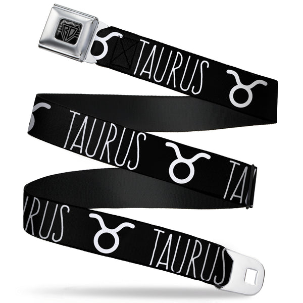 buckle down BD Wings Logo CLOSE-UP Full Color Black Silver Seatbelt Belt - Zodiac TAURUS/Symbol Black/White Webbing