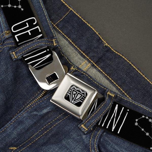 Buckle Down BD Wings Logo CLOSE-UP Full Color Black Silver Seatbelt Belt - Zodiac GEMINI/Constellation Black/White Webbing