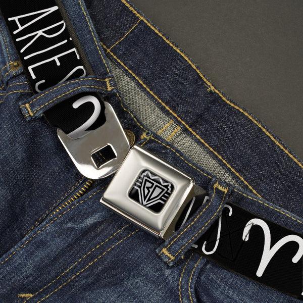 Buckle Down BD Wings Logo CLOSE-UP Full Color Black Silver Seatbelt Belt - Zodiac ARIES/Symbol Black/White Webbing